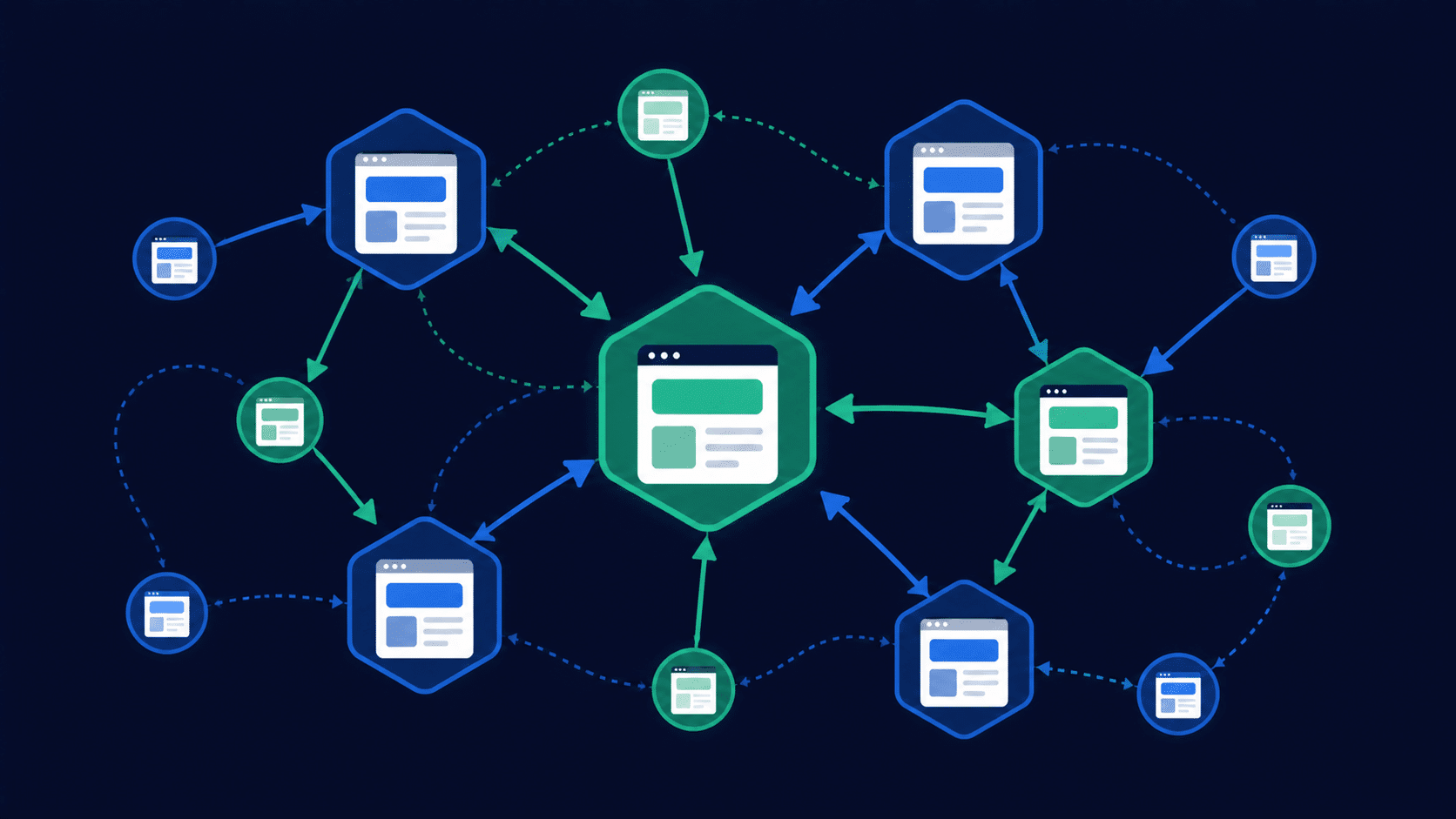Schema illustrant un reseau de liens entrants (backlinks) entre differentes pages web, representant le transfert d'autorite SEO