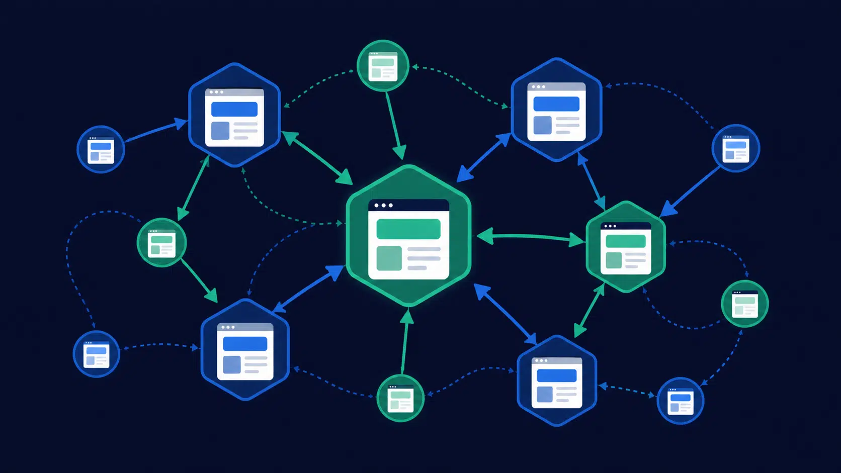 Schema illustrant un reseau de liens entrants (backlinks) entre differentes pages web, representant le transfert d'autorite SEO