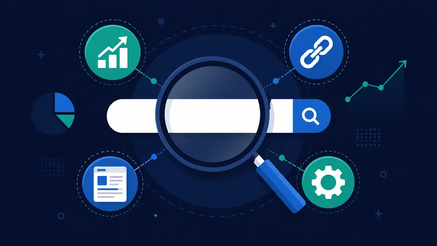 Illustration représentant le SEO : loupe sur moteur de recherche, graphiques de positionnement et icônes de référencement naturel