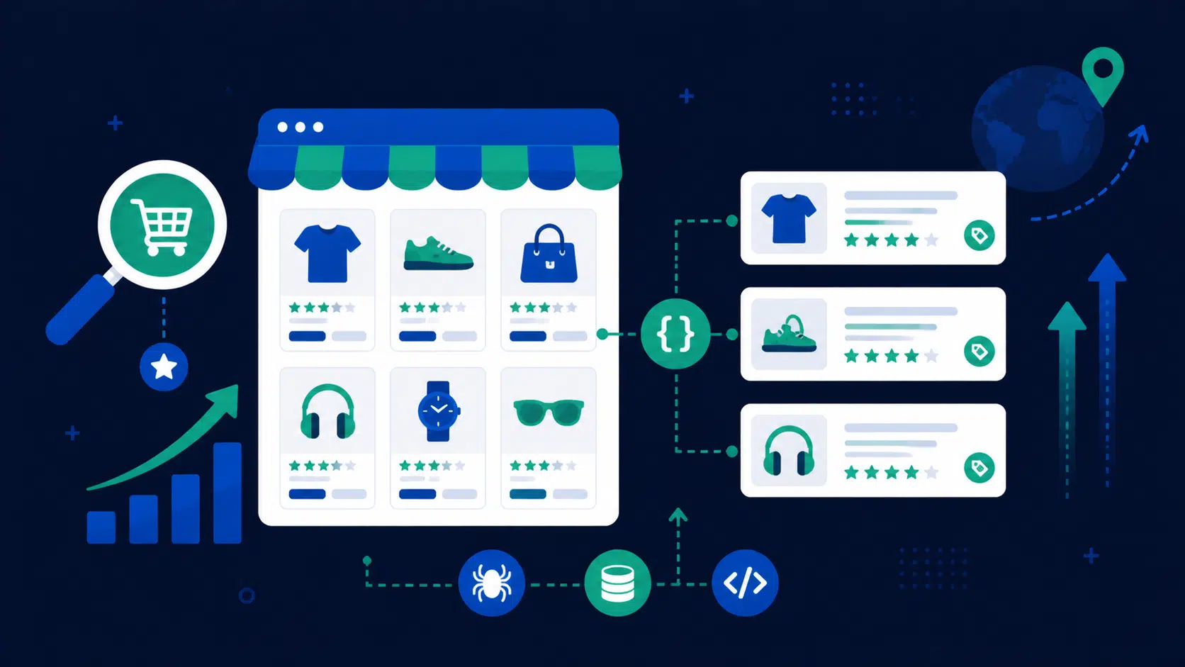 Illustration des optimisations SEO e-commerce : architecture de boutique en ligne, fiches produits et données structurées pour mieux se positionner sur Google