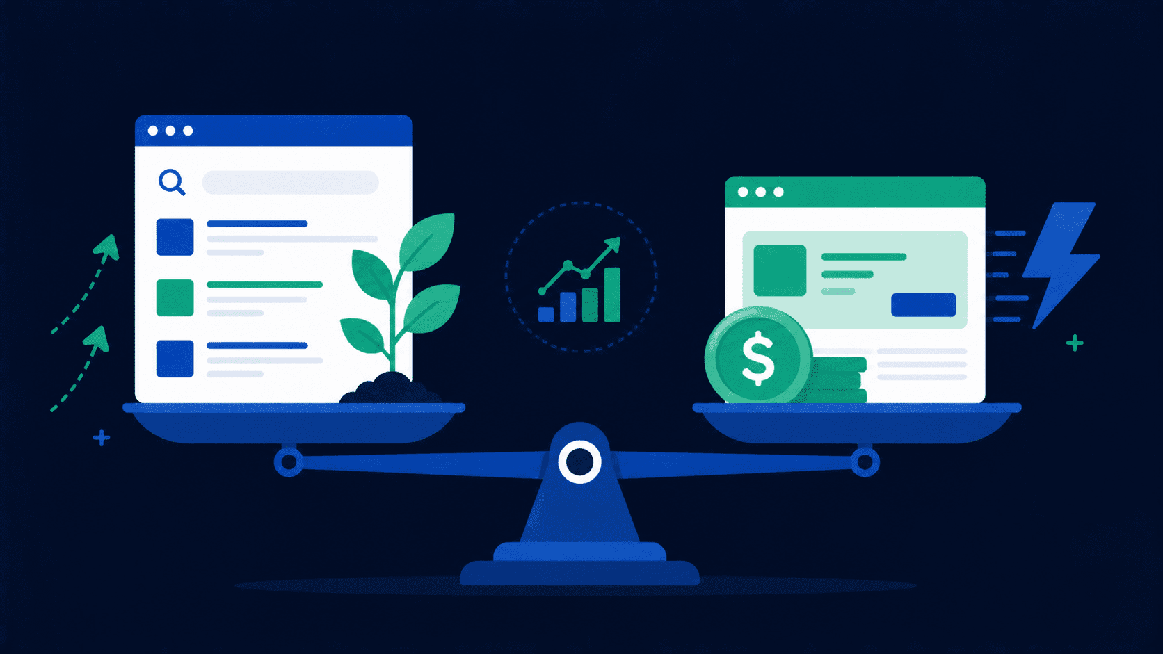 Illustration comparant le SEO référencement naturel et le SEA publicité payante Google Ads avec leurs avantages respectifs