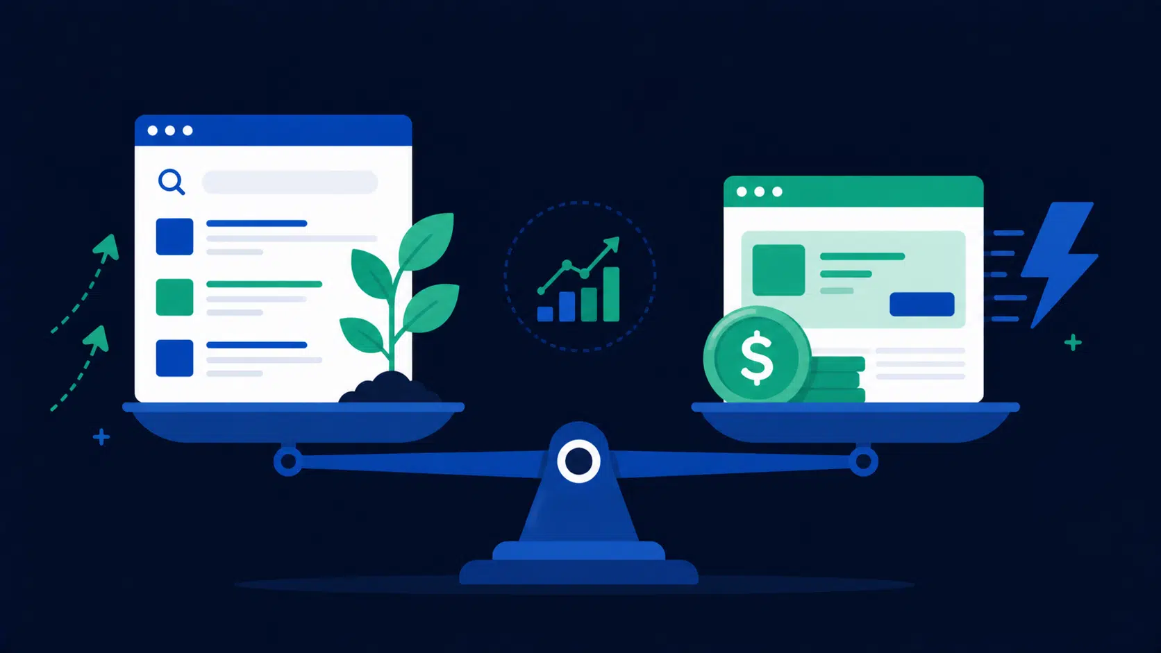 Illustration comparant le SEO référencement naturel et le SEA publicité payante Google Ads avec leurs avantages respectifs